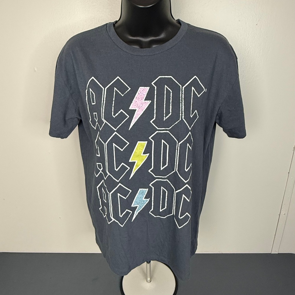 AC/DC T-Shirt Mens Medium Gray Stacked Logo Lightning Bolt Graphic Rock Band Tee